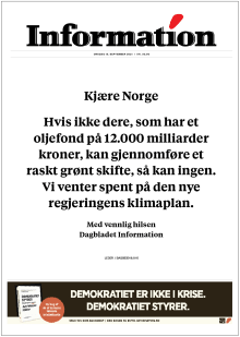 Informations forside onsdag er en direkte henvendelse og opfordring til den nye norske regering.