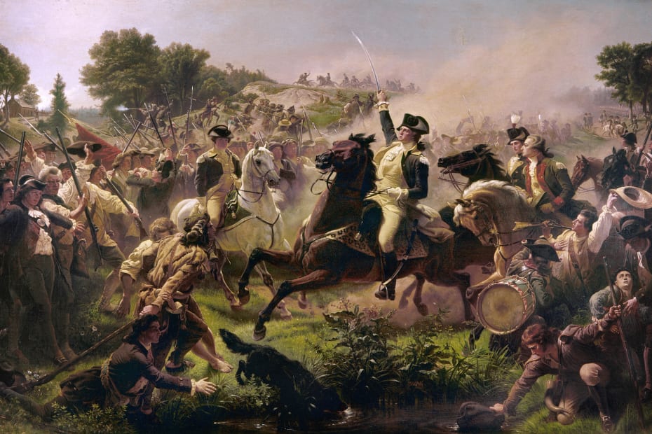 General George Washington og den franske markise de Lafayette, der kæmpede på amerikanernes side, under det afgørende slag ved Yorktown, den 19. oktober 1781. Olie på lærred af Charles Willson Peale.
